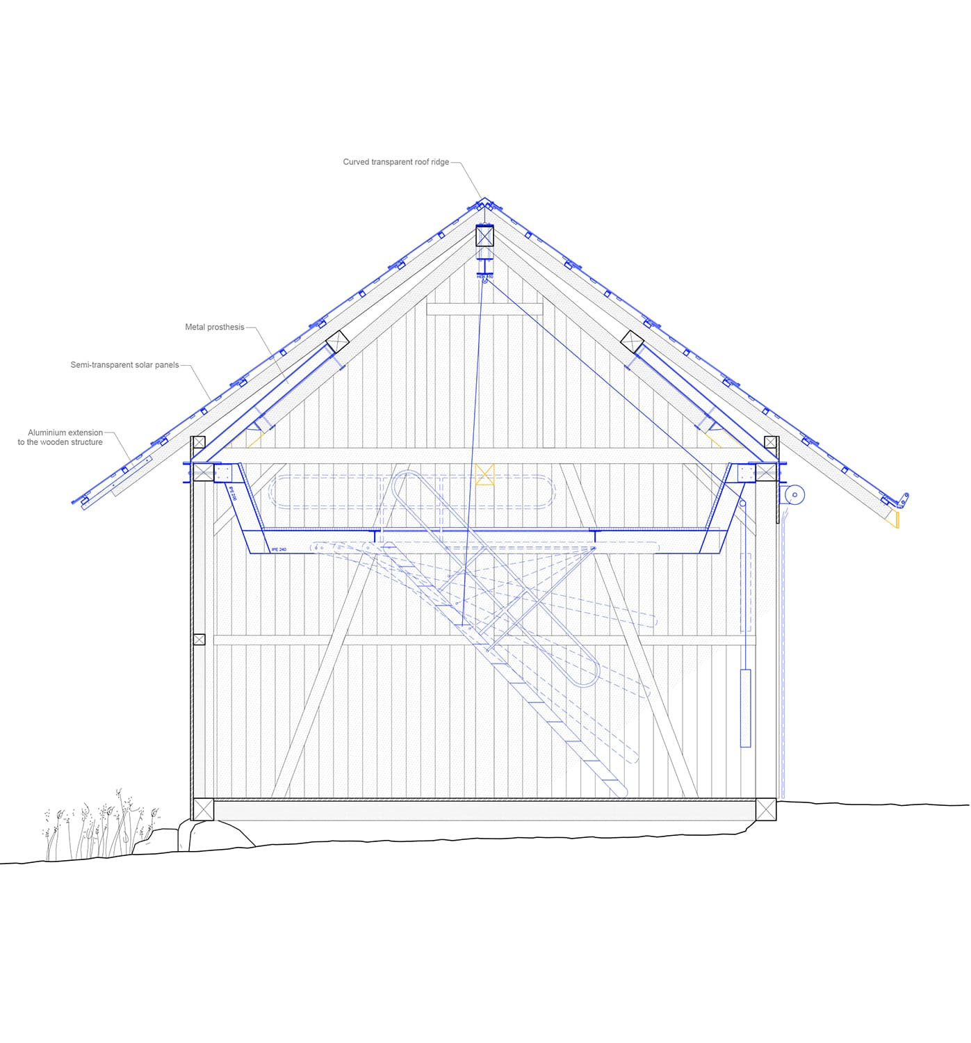Schopf transforms an agricultural shed into a workshop under a translucent solar roof (Zurich, 2021-2022)