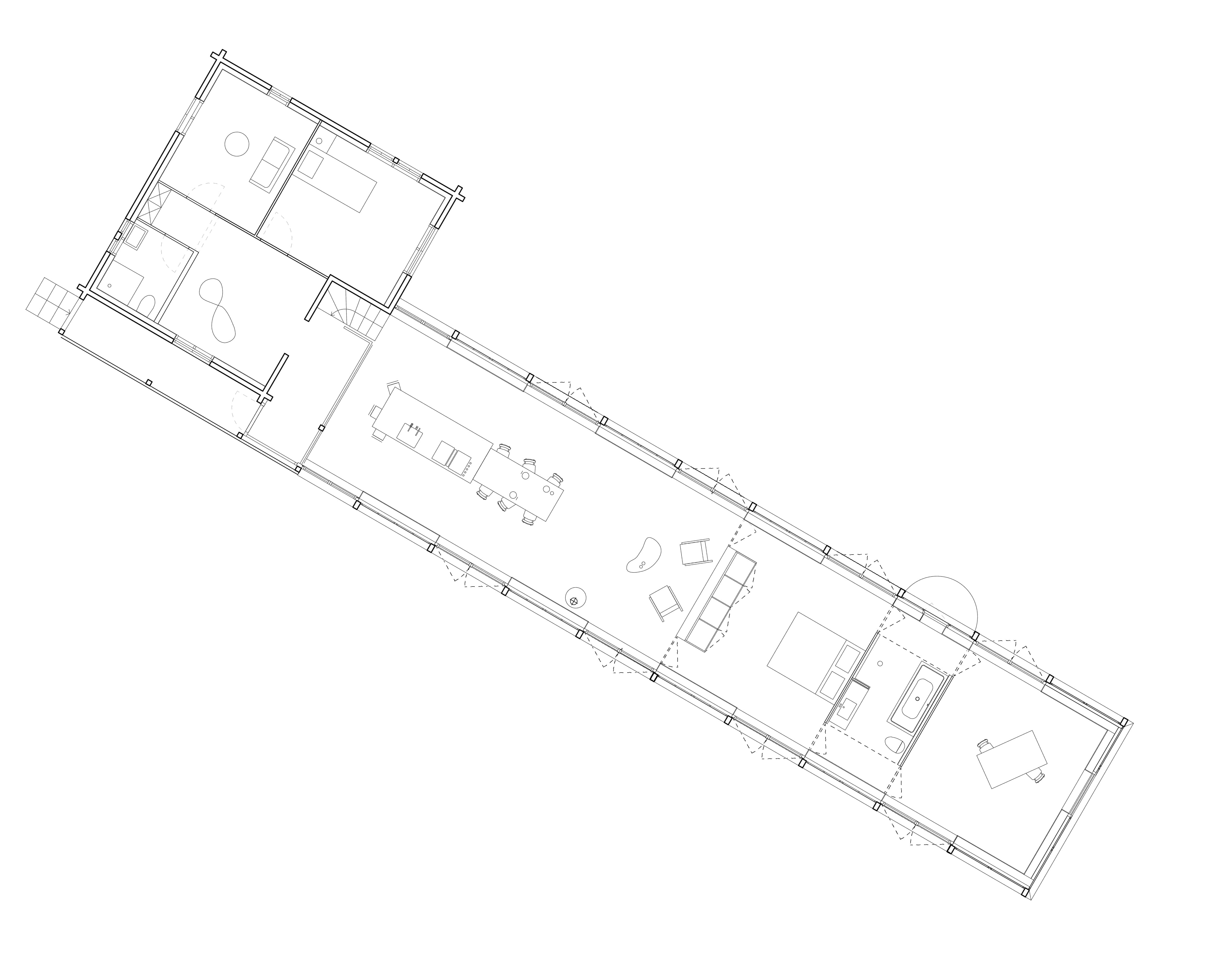 The Permanent Weekend House is a thin and long construction, extending an old chalet through its garden